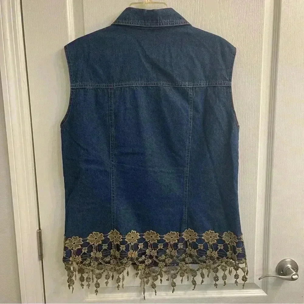 Denim Vest With Floral Knit Fringes - Picture 10 of 13